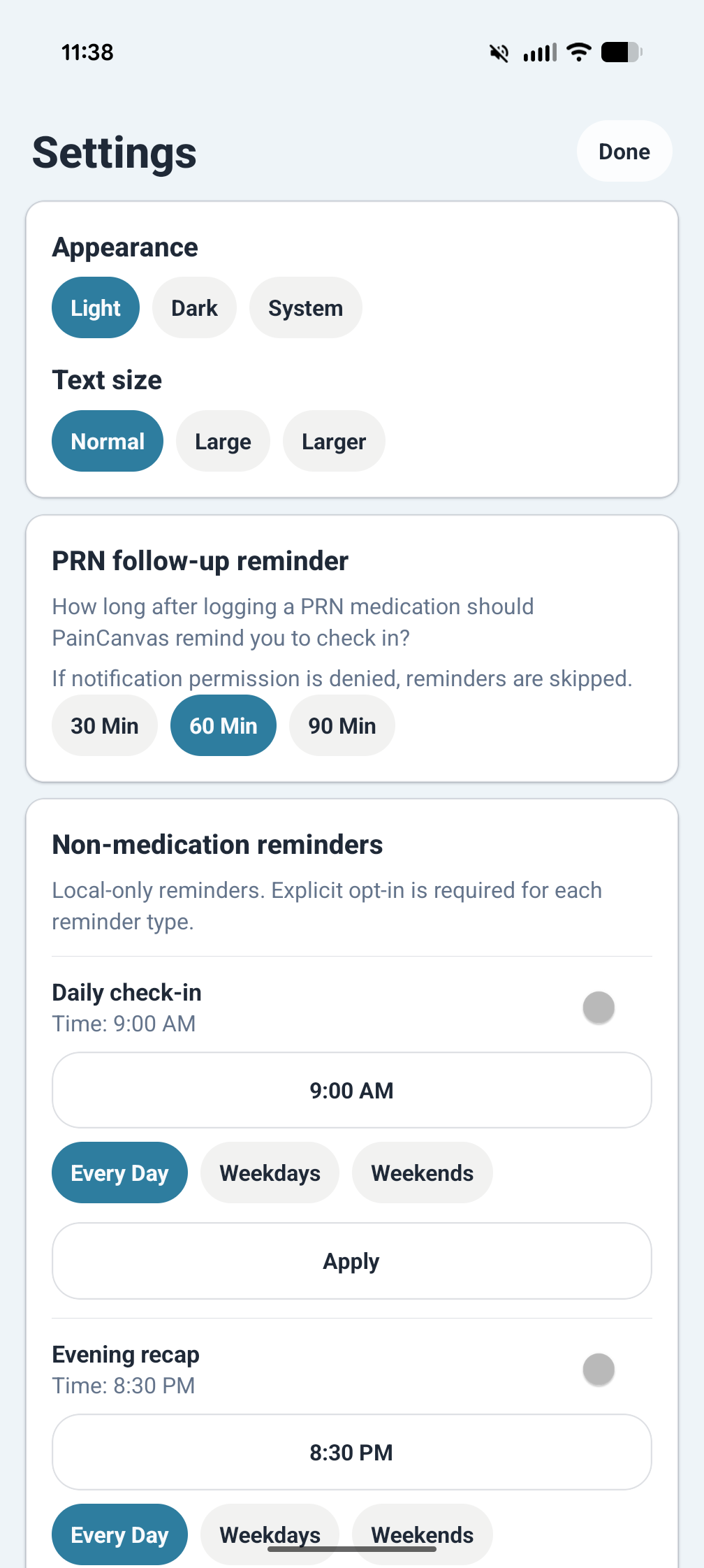 PainCanvas dashboard screen with daily summary cards and quick actions.