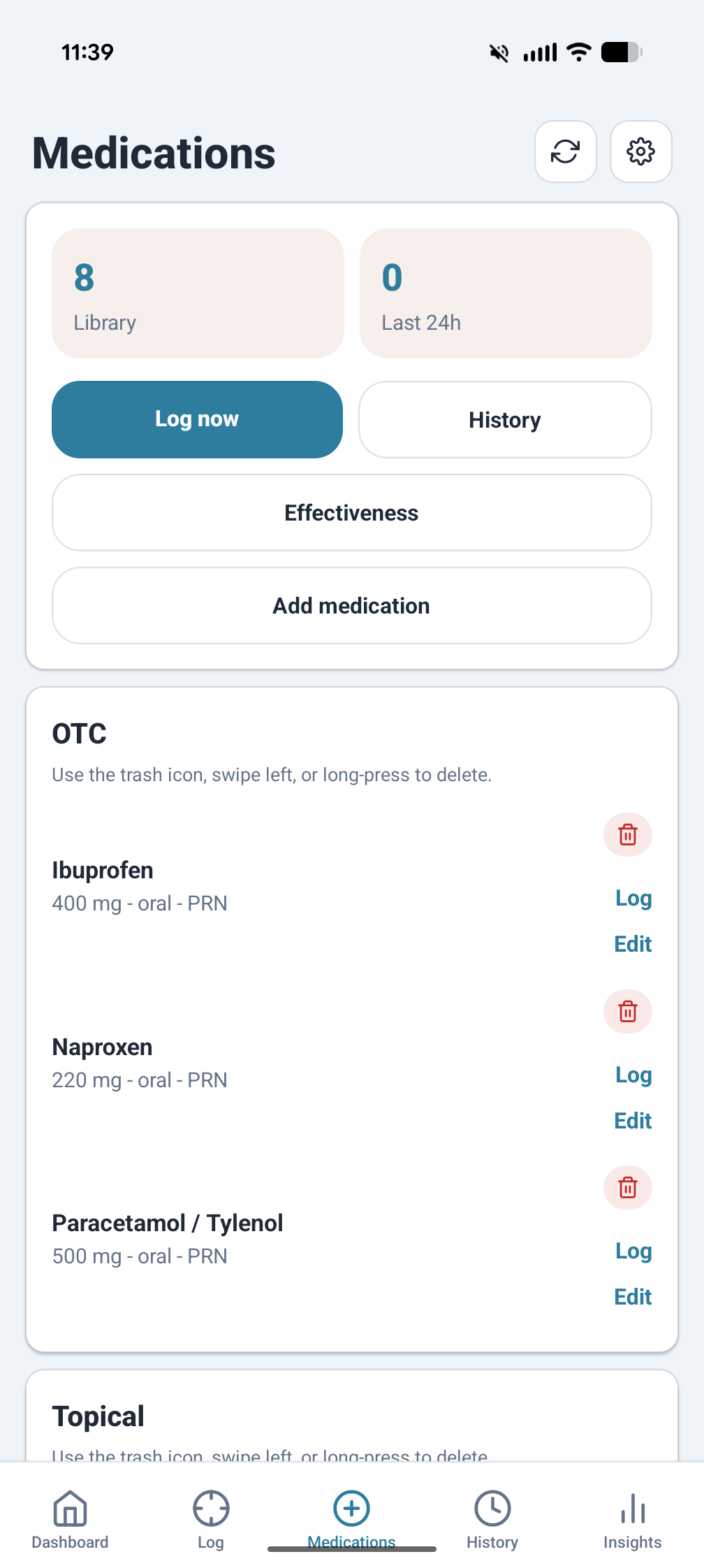 PainCanvas insights screen with charts and summary cards for trends.